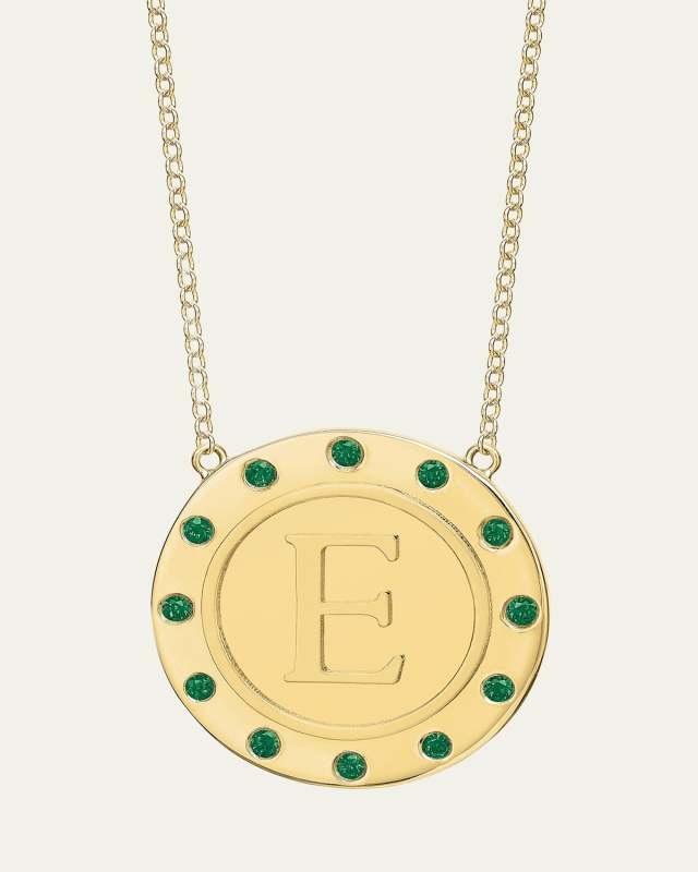 14K Gold Initial Token Necklace with Emeralds